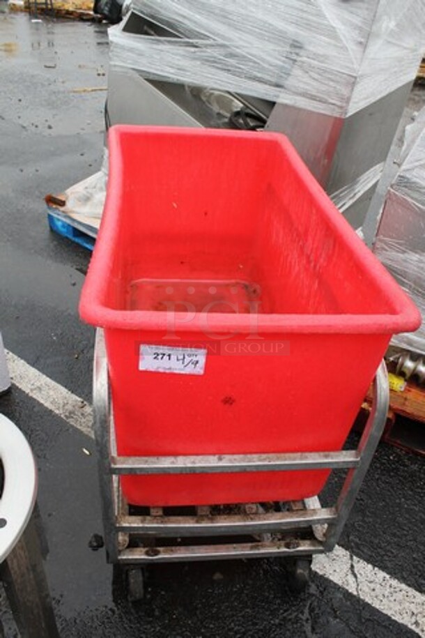 Red Poly Ingredient Bin on Metal Cart w/ Commercial Casters. 