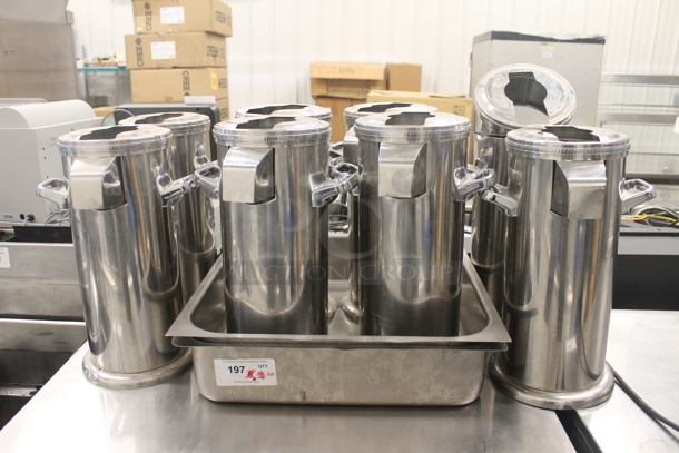 ALL ONE MONEY! Lot of 10 Items Including 9 Stainless Steel Coffee Airpots And 2 Stainless Steel Steam Pans. 