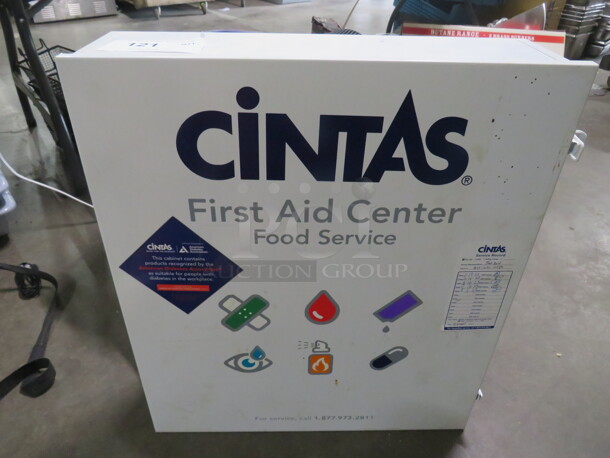 One Metal 1 Door First Aid Kit With Assorted Supplies. 19X6X22