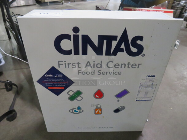 One Metal 1 Door First Aid Kit With Assorted Supplies. 19X6X22 - Image 1 of 2