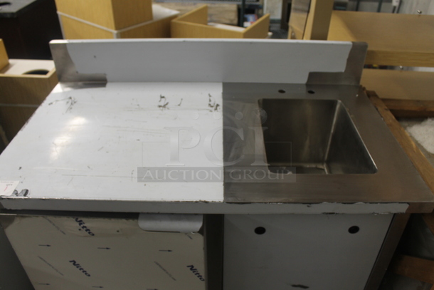 BRAND NEW SCRATCH AND DENT! Stainless Steel Commercial Single Door Work Top Cooler w/ Sink Basin, Back Splash and Door. Bay 11x15x11. Tested and Working! - Image 4 of 6