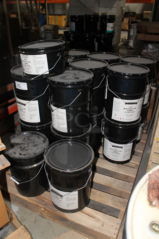 ALL ONE MONEY! PALLET LOT of Various Items Including Poly Buckets of Moisture Cure Primer Clear Blue. BUYER MUST REMOVE.