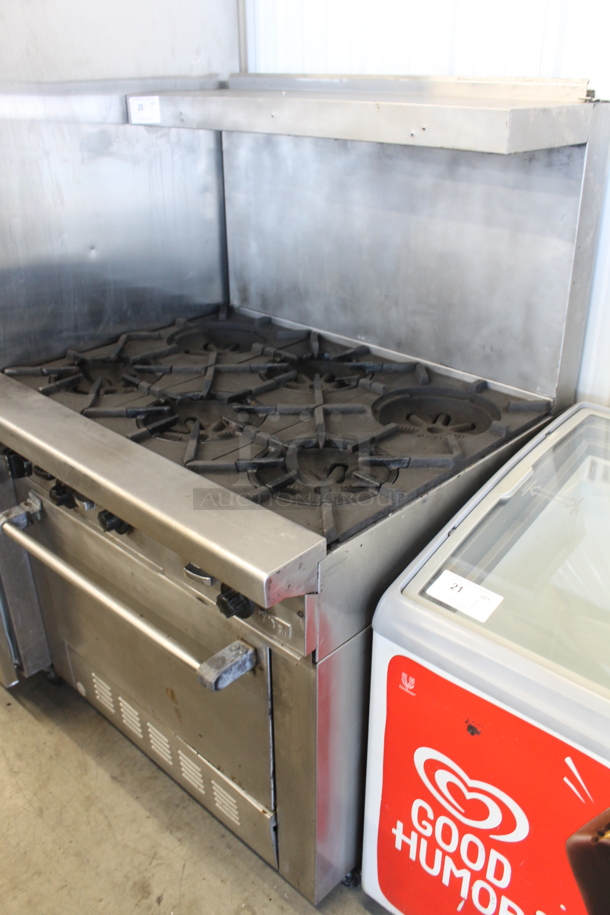 Stainless Steel Commercial Natural Gas Powered 6 Burner Range w/ Oven, Over Shelf and Back Splash. - Image 2 of 4