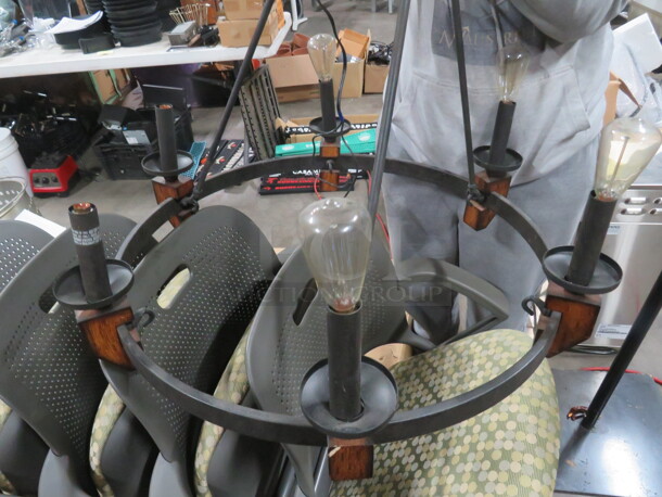 One Round Wooden/Metal 6 Bulb Pendant Light Fixture.  - Image 2 of 2