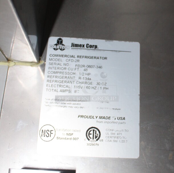 FANTASTIC! Cold Tech Model CFD-2R Commercial Stainless Steel Double Door Reach In Refrigerator On Casters. 54x32x82. 115V/60Hz. Working When Pulled!  - Image 2 of 6