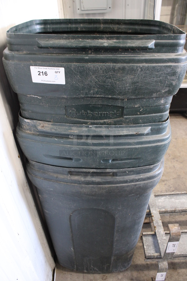 3 Rubbermaid Green Poly Trash Cans. 24x20x38. 3 Times Your Bid!