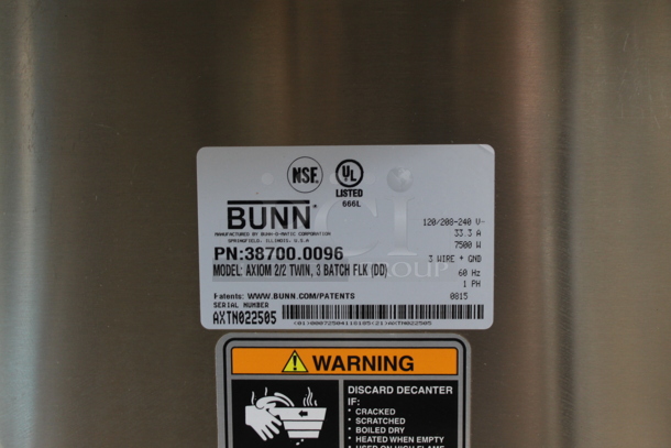 2015 Bunn AXIOM 2/2 TWIN Stainless Steel Commercial Countertop 4 Burner Coffee Machine. 120/208-240 Volts, 1 Phase. - Image 5 of 5