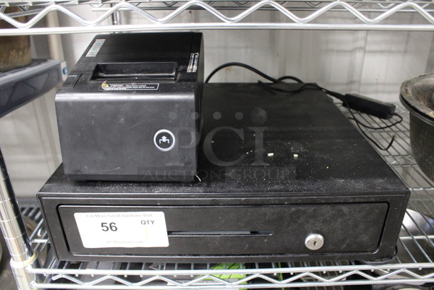 PBM Model P-822D Thermal Receipt Printer and Black Metal Cash Drawer. 16x17x4, 6x8x5.5
