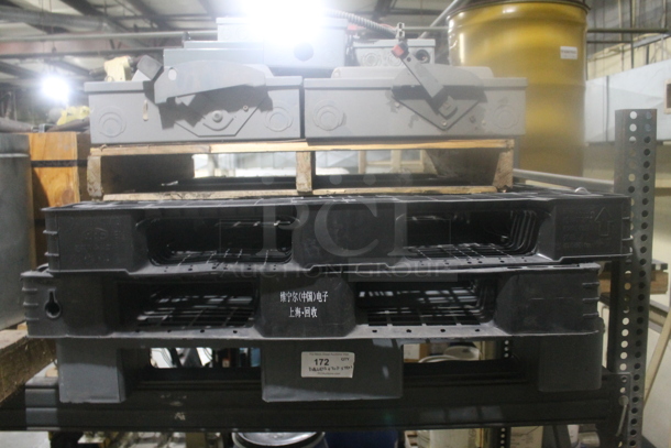 ALL ONE MONEY! Lot of Various Pallets; Black Poly and 1 Wooden w/ Gray Square D Metal Control Boxes. BUYER MUST REMOVE. - Image 1 of 4