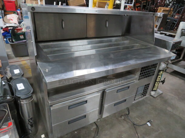 One WORKING Duke 4 Drawer Sandwich Prep Table  With SS Over Shelf On Casters. 120 Volt. Model# DPC-38-120. 60X37.5X50.5 - Image 4 of 4