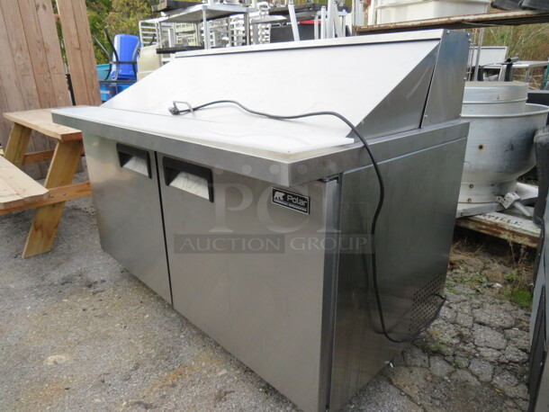 One Polar 2 Door Refrigerated Prep Table With Cutting Board And 2 Racks On Casters. Working When Removed.  Model# SCLMZ-60-E. 115 Volt. 60X34X46 - Image 2 of 3