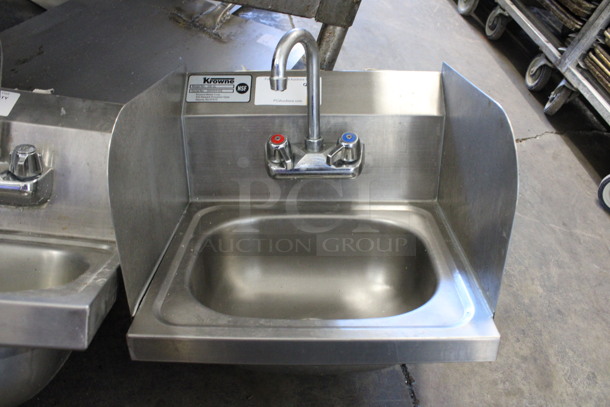 Krowne Stainless Steel Single Bay Wall Mount Sink w/ Faucet, Handles and Side Splash Guards. 16x16x22