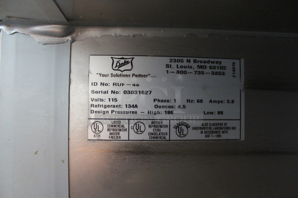 Duke RUF-48 Stainless Steel Commercial 2 Door Work Top Cooler w/ Back Splash. 120 Volts, 1 Phase. Tested and Working! - Image 6 of 6