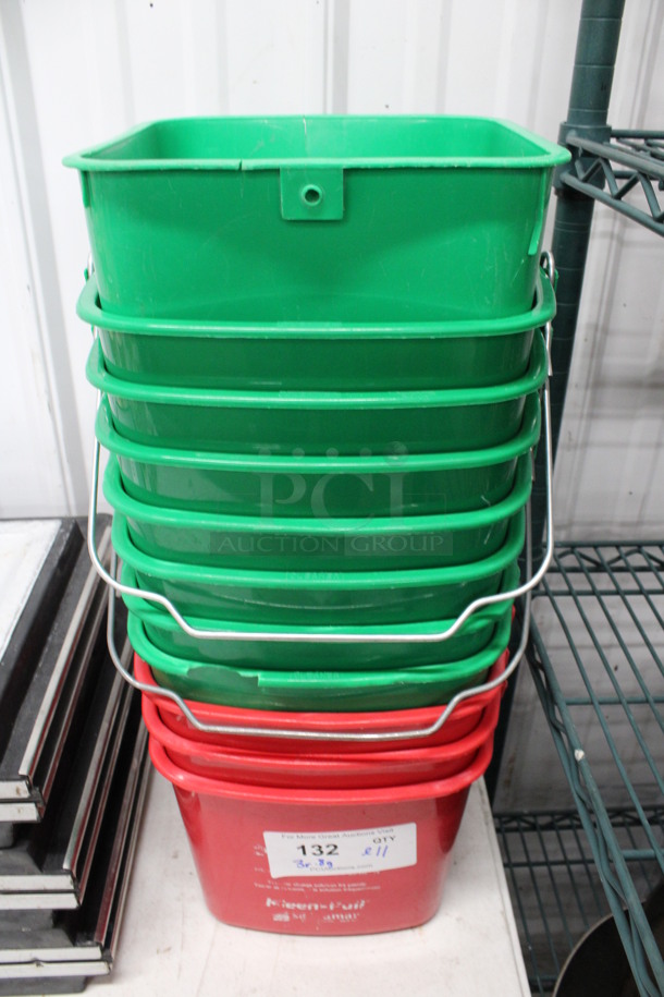 ALL ONE MONEY! Lot of 11 Poly Buckets; 3 Red and 8 Green! 8.5x8.5x7, 10x9.5x7.5