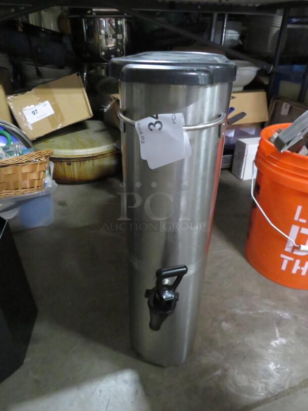 One Stainless Steel Commercial Slim Jim Tea Satellite With Lid, And Spigot. 