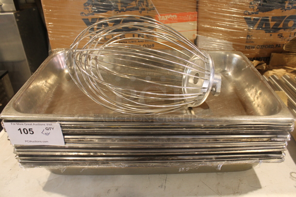 ALL ONE MONEY! Lot of Stainless Steel Full Size Drop In Bins and Metal Whisk Attachment for Mixer. - Image 1 of 3