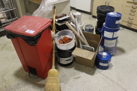 ALL ONE MONEY! Lot of Various Items Including Red Poly Trash Can and Buckets. BUYER MUST REMOVE.