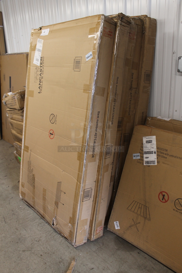 BRAND NEW SCRATCH AND DENT! Lancaster Table & Seating 427CAU3260OR 32" x 60" Orange Powder-Coated Aluminum Dining Height Outdoor Table with Umbrella Hole - Image 3 of 7