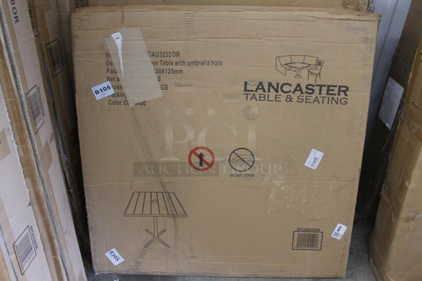 BRAND NEW SCRATCH AND DENT! Lancaster Table & Seating 427CAU3232OR 32" x 32" Orange Powder Coated Aluminum Dining Height Outdoor Table with Umbrella Hole. Stock Picture Used as Gallery Picture. - Image 2 of 5