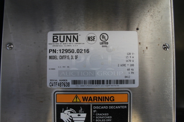 2012 Bunn CW Series CWTF15, 3L SF Coffee Machine w/ 3 Warmers and Hot Water Dispenser. 115 Volts, 1 Phase.  - Image 7 of 7