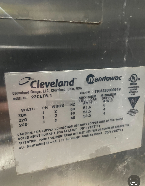 Cleveland 22CET6.1, Pan Covection Steamer - Counter Top, Condensate Drain, 206v/3ph - Image 6 of 6