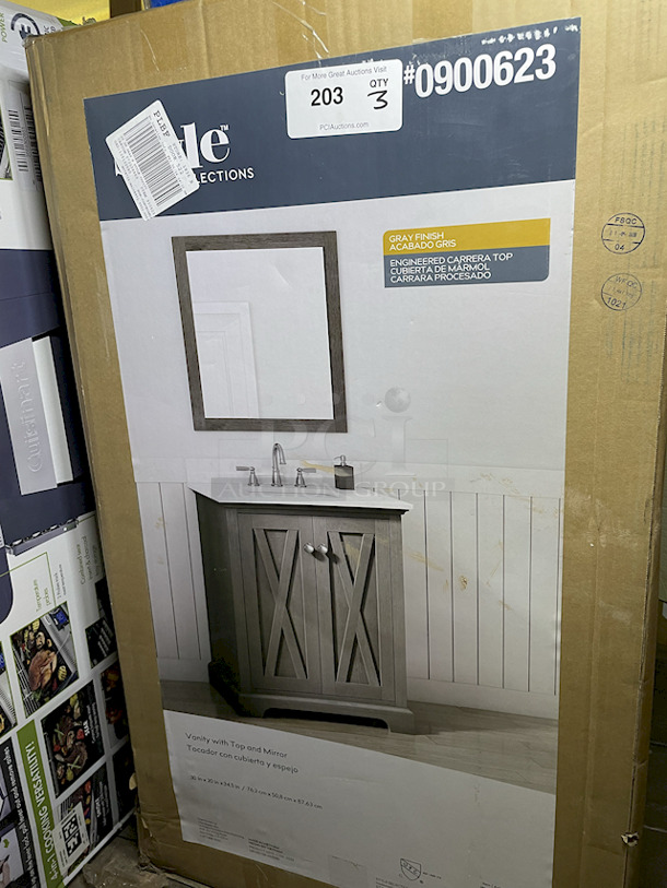 AWESOME!! [3] Style Selections Gray Undermount Single Sink Bathroom Vanity with Top and 26 in x 28 in Wood Frame Mirror, Gray Finish, Slow-close hinges, Brushed nickel finish hardware, Pre-Drilled for 8-in Widespread Faucet, 4-In backsplash, Fully assembled.  
30 in × 20 in × 34.5 in - Image 2 of 6