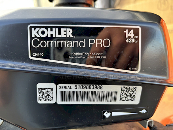 **THIS ITEM IS A LIGHTLY USED RETURN** Kohler PowerKing PK0915 5-Inch 14 HP Tow-Behind Chipper Shredder -. Serial Number: 5109803988. - Max Output: 14 HP at 3600 RPM - Blade Speed: 2530 RPM  - Principal axis rotation direction: counter-clockwise - Max. Chipping Capacity: 5.75 inches - Engine Type: Kohler 14HP CH440 OHV4-stroke - 
Towable with a toolless removable tow bar - Image 3 of 11