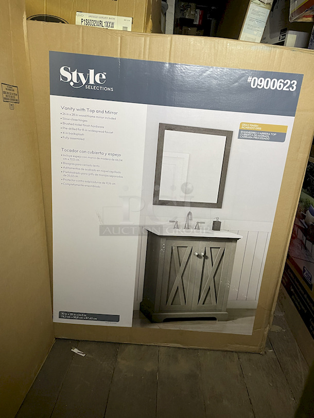 AWESOME!! [3] Style Selections Gray Undermount Single Sink Bathroom Vanity with Top and 26 in x 28 in Wood Frame Mirror, Gray Finish, Slow-close hinges, Brushed nickel finish hardware, Pre-Drilled for 8-in Widespread Faucet, 4-In backsplash, Fully assembled.  
30 in × 20 in × 34.5 in - Image 3 of 6
