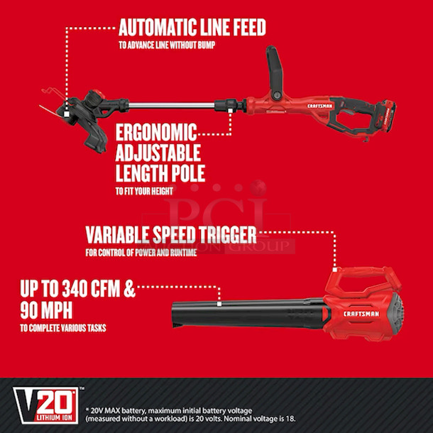 All New, All Craftsman CRAFTSMAN V20 Brushless 2-Piece 20-Volt Max Cordless Power Equipment Combo Kit – 13” Weed Wacker, String Trimmer & Blower Combo Kit (With Battery & Charger) 10x Your Bid - Image 3 of 12
