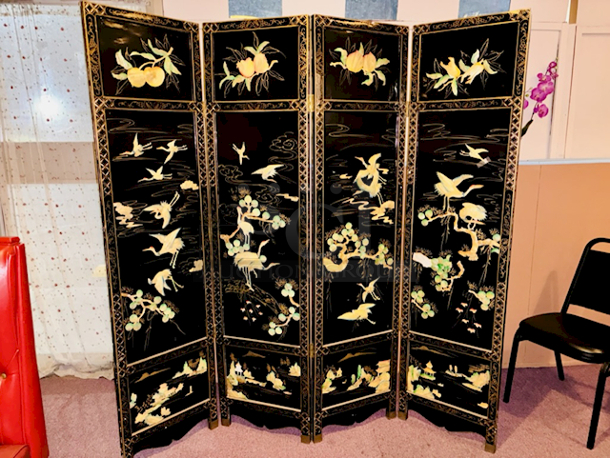 BEAUTIFUL!! Adjustable 4 Panel Room Divider, Different Designs On Front & Back Wood. Minor Signs of Ware, 71” Wide. - Image 11 of 12