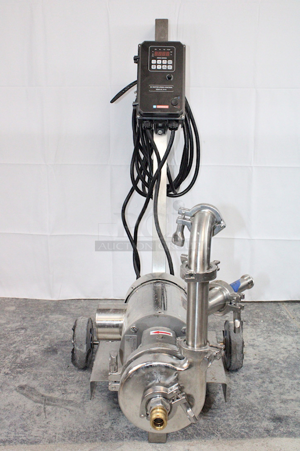 NEW/NEVER USED CPE Systems KBDA Series C114MD CENTRIFUGAL PUMP ASSEMBLY With Clamps And Tubing. 1PH, 115/208-230 VAC - 50-60hz - 1 1/2" X 1 1/2" Tri -Clamp Connections, All Stainless Steel Construction, 25 ft cord with a 115-volt Plug, NEMA 4X digital VFD with a Potentiometer, Stainless steel cart - Image 1 of 9