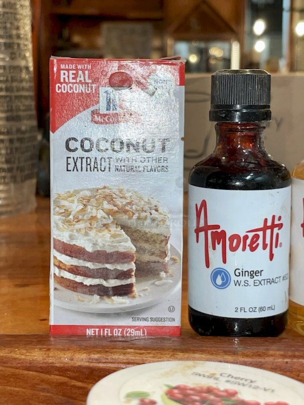 BREWER'S MONSTER LOT: 
Amoretti 2 FL OZ (60 ml) Extracts: Ginger W.S. EXTRACT #522, Chocolate "Crème de Cacao" W.S. Extract #72, Natural Habanero Hot Pepper W.S. Extract 689,  Juniper Berry Terpeneless O.S. Extract #663, Natural Roasted Peanut W.S. Extract #1356, Italian Hazelnut Liqueur Type
W.S. Extract #503, Natural Pumpkin Pie Sauce W.S. Extract 1285, Organolicious
Premium Blue Agave Nectar Amber 
Amoretti 4fl Oz: Cherry Marbleizing Swirl #SW12-V1, Pineapple Marbleizing Swirl #SW16, Mojito Marbleizing Swirl #SW27, Hazelnut Compound #336, Passion Fruit ARTISAN #ART1-NS, Red Sour Cherry COMPOUND #302-V1, Irish Coffee
COMPOUND #3087, Pineapple COMPOUND #301, Marshmallow W.S. EXTRACT #1010, Chai "Tea" COMPOUND #399, Lychee COMPOUND #384, Wine Blossom COMPOUND #3036, Pineapple ARTISAN #ART10, Coconut
SWIRL #SW17, Blood Orange SWIRL #SW383-VI, 
McCormick Coconut Extract
Beer Craft: Black Crown Caps, Calcium Carbonate, Gypsum x2, 
Pure: Calcium Sulfate Dihydrate Gypsum
Citric Acid & Calcium Chloride - Image 9 of 11