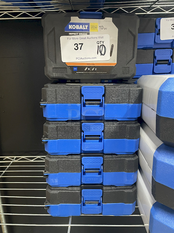 NEW/NEVER USED!! Kobalt 80827 10-Piece Standard (SAE) 3/8-in Drive Set 6-Point Impact Deep Socket Set In Hard Case. Contains: 8 Sockets and (2) 3/8” x 1/4” Drill Adapters. 10x Your Bid.  - Image 1 of 2