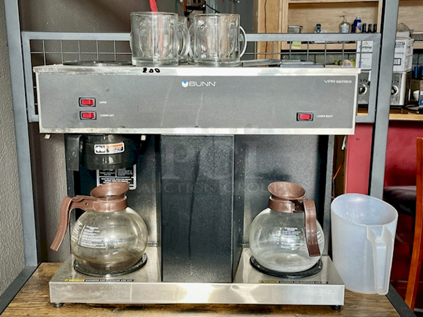 OUTSTANDING! Bunn Coffee Bar - Includes: Bunn 04275.0031 VPS 12 Cup Pourover Coffee Brewer with 3 Warmers - 120V (MODEL: VPS, BLK-LTD SW), 2 Coffee Decanters, 4 Glass Coffee Cups, Filters, Mind Reader Acrylic 9 Compartment Condiment Organizer, Black, FL310 Bakers Rack, Coffee Bar, Kitchen Storage Shelf Rack with Space For 10 Hooks, 3 Shelves, Adjustable Feet, for Microwave Oven. Combined Value of $850  - Image 4 of 8