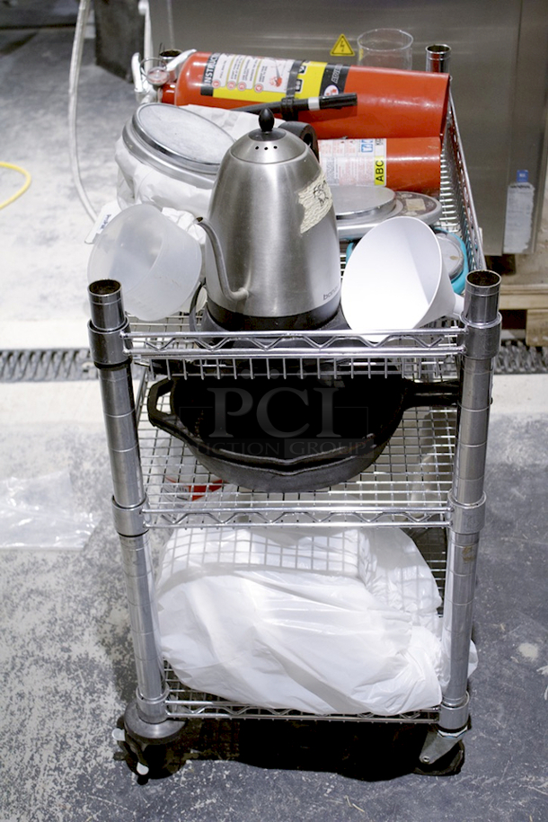 HUGE LOT! 3 Wire Shelf Utility Cart. Does Not Include Cast Iron Pan.  - Image 3 of 4