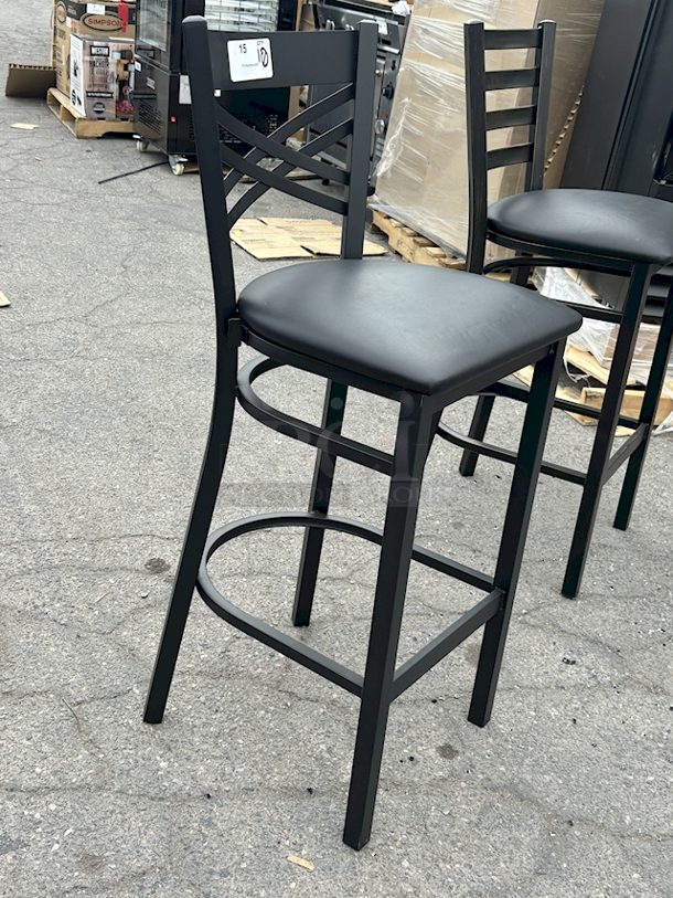 BRAND NEW SCRATCH & DENT! Lancaster Table & Seating (10) Black Finish Cross Back & (1) Distressed Copper Finish Ladder Back Bar Stools with 2 1/2" Navy Vinyl Padded Seat. 11x Your Bid  - Image 8 of 12