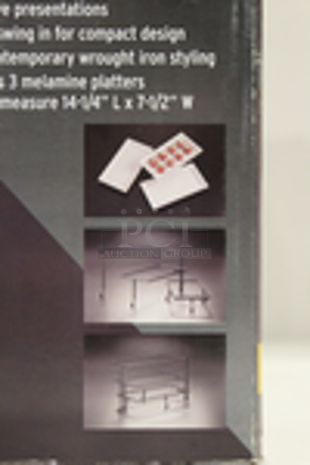 NEW, NEVER USED! American Metalcraft TTMEL3 Ironworks Three-Tier Foldable Rectangular Display Stand With Melamine Platters. This Set Comes With (3) 14 1/4" X 7 1/2" Melamine Platters That Perfectly Nest In The Wrought Iron Stand, Each Of The 3 Legs Can Fan Out To Any Width You Choose.  - Image 3 of 5