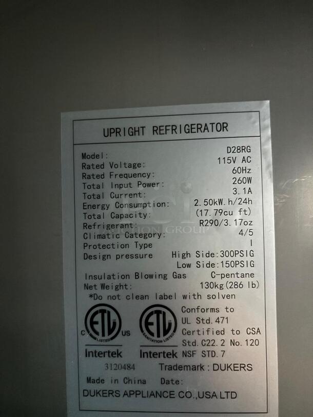 Dukers Commercial Reach In Refrigerator
 - Image 5 of 6