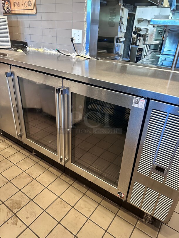 Late Model Perlick BBS84-RMT 84 inch Back Bar Refrigerator - 3 Swinging Doors, Two Galss and One Stainless, 120v Tested and Working