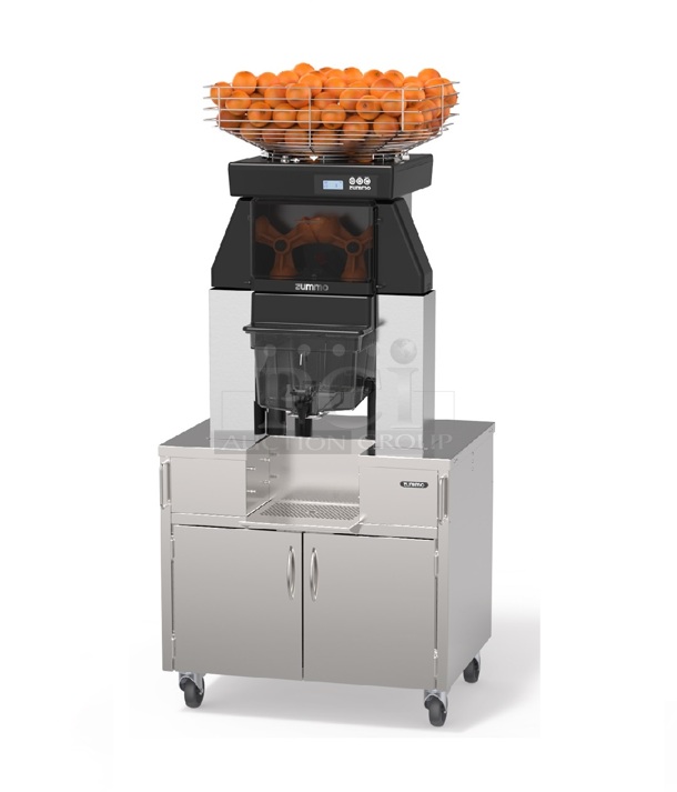 BRAND NEW! 2022 Zummo Z40C-N Commercial Stainless Steel Electric Citrus Juicer With 2 Door Storage Cabinet on Commercial Casters. 110-120V. Tested And Working!  - Image 1 of 12