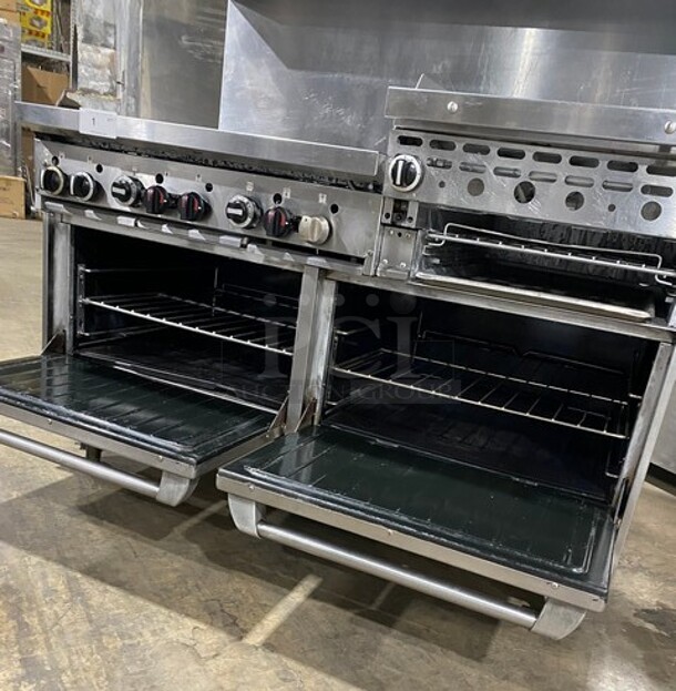 WOW! Garland Stainless Steel Commercial Natural Gas Powered! 6 Burner Range With Right Side Flat Top Griddle, 2 Ovens, Back Splash! On Casters! Working When Removed! MODEL GFE606R24RR SM:GFE606R24RR0009 - Image 4 of 9