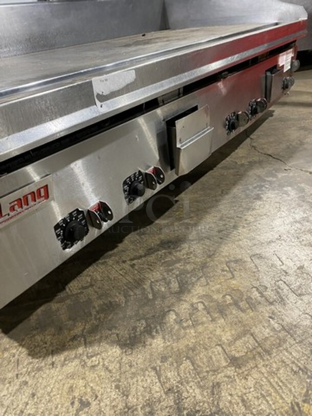 AWESOME! Lang Commercial Countertop Natural Gas Powered 60 INCH Mirror Shine Flat Top Griddle! With Thermostatic Controls! Built In Hood! With Back And Side Splashes! All Stainless Steel! On Legs! MODEL 2460SCHENSH - Image 7 of 9