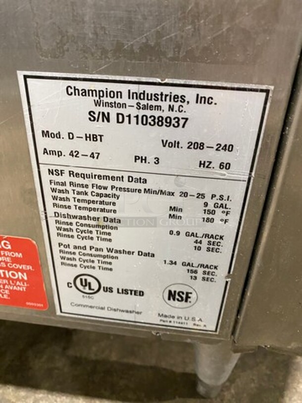 Champion Commercial Pass-Through Dishwasher Machine! All Stainless Steel! On Legs! With Right Side Dishwasher Table! With Back And One Side Splash! Model: DHBT SN: D11038937 208/240V 60HZ 3 Phase - Image 9 of 12