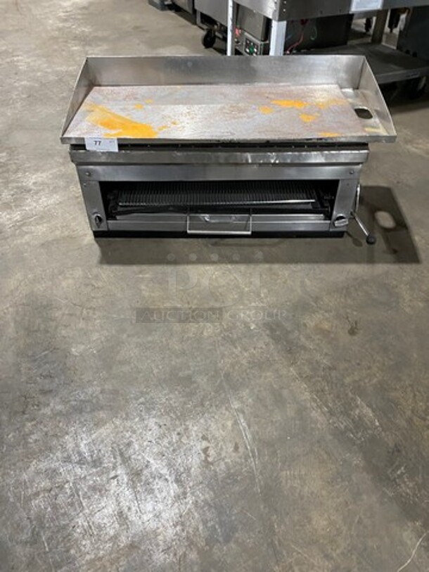 Commercial Natural Gas Powered Countertop Flat Top Griddle And Cheese Melter Combo! With Back And Side Splashes! All Stainless Steel! - Image 1 of 8