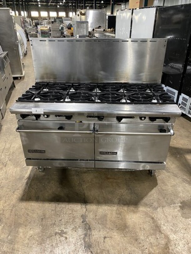 American Range Commercial Natural Gas Powered 10 Burner Stove! With Raised Back Splash! With 2 Full Size Oven Underneath! Metal Oven Racks! All Stainless Steel! On Casters!