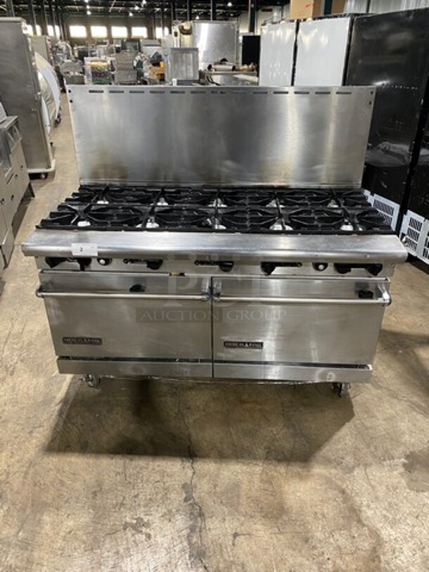 American Range Commercial Natural Gas Powered 10 Burner Stove! With Raised Back Splash! With 2 Full Size Oven Underneath! Metal Oven Racks! All Stainless Steel! On Casters! - Image 1 of 10