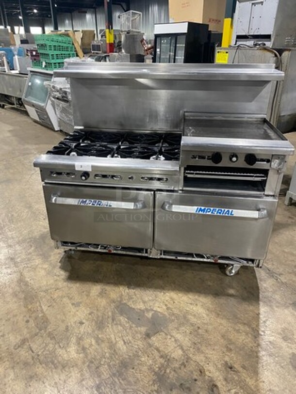 Imperial Commercial Natural Gas Powered 6 Burner Stove With Right Side Flat Griddle! Griddle Has Side Splashes! With Raised Back Splash And Salamander Shelf! With 2 Oven Underneath! Metal Oven Racks! All Stainless Steel! On Casters! - Image 1 of 11