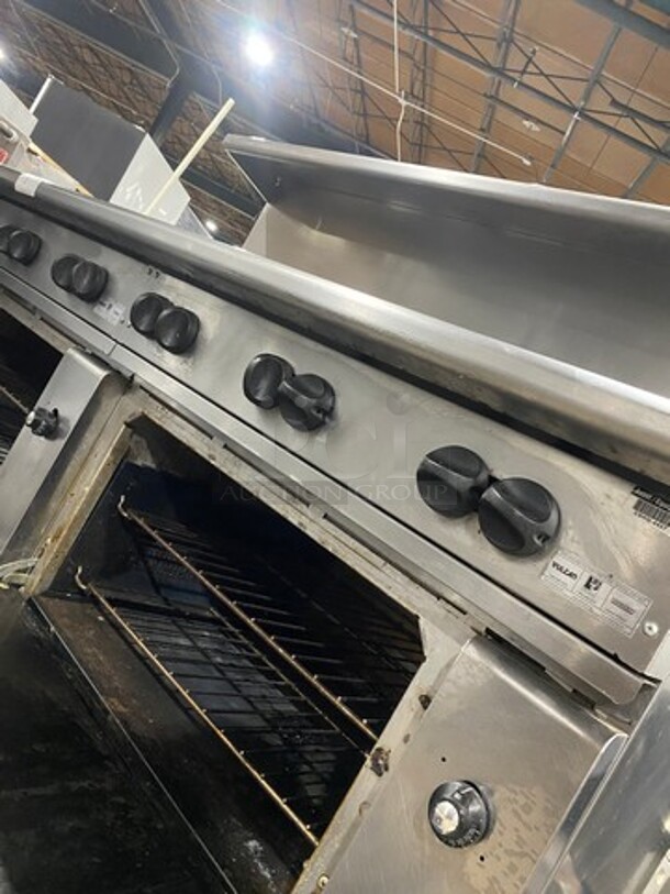 Vulcan Commerical Natural Gas Powered 12 Burner Stove! With Raised Back Splash And Salamander Shelf! With 2 Oven Underneath! All Stainless Steel! On Casters! WORKING WHEN REMOVED! Model: G72SS1AA SN: 659011300 - Image 10 of 11