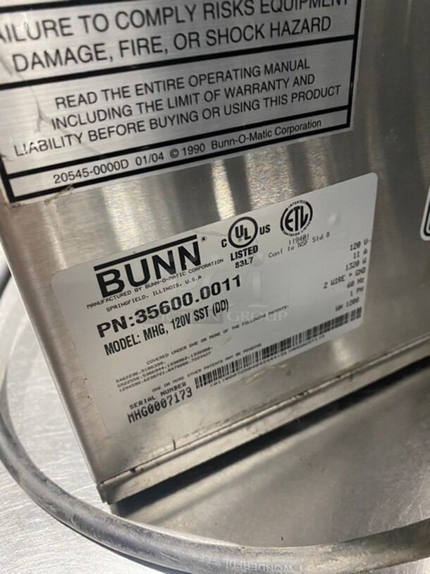 Bunn Commercial Countertop Dual Coffee Bean Grinder Machine! Stainless Steel Body! Model: MHG SN: MHG0007173 120V 60HZ 1 Phase - Image 5 of 8
