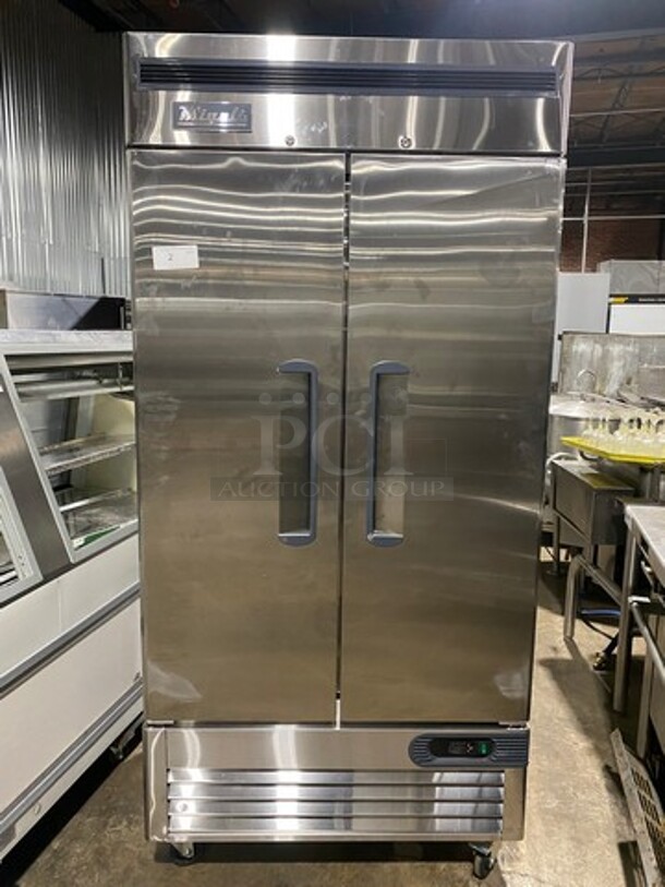 SCRATCH-N-DENT! Migali Commercial 2 Door Reach In Cooler! With Poly Coated Racks!  All Stainless Steel! On Casters! Model: C2RB35HC SN: C2RB35HC003230228092C0002 115V 60HZ 1 Phase - Item #1096719
